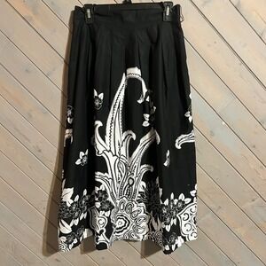 Black White Floral Paisley Pleated Midi Skirt Women's Boho Chic Fashion